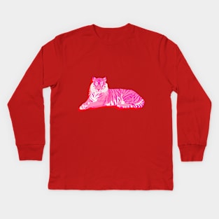 Pink Tiger Sitting on Red Background Kids Long Sleeve T-Shirt